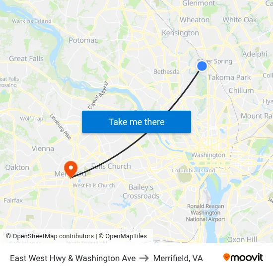 East West Hwy & Washington Ave to Merrifield, VA map