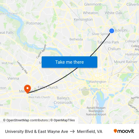 University Blvd & East Wayne Ave to Merrifield, VA map