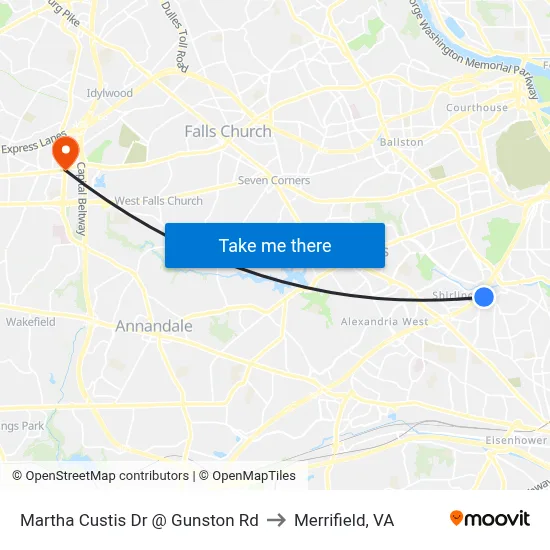 Martha Custis Dr @ Gunston Rd to Merrifield, VA map