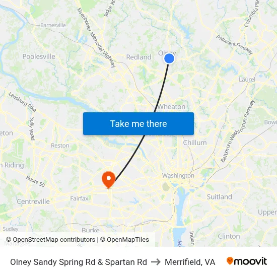 Olney Sandy Spring Rd & Spartan Rd to Merrifield, VA map