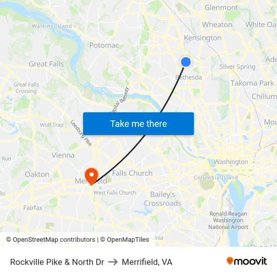 Rockville Pike & North Dr to Merrifield, VA map