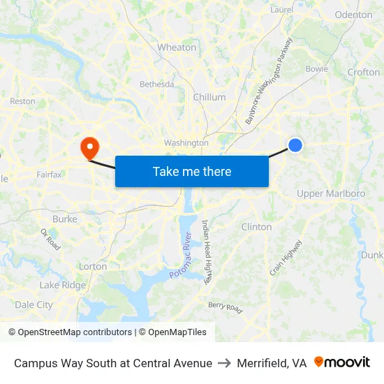 Campus Way South at Central Avenue to Merrifield, VA map