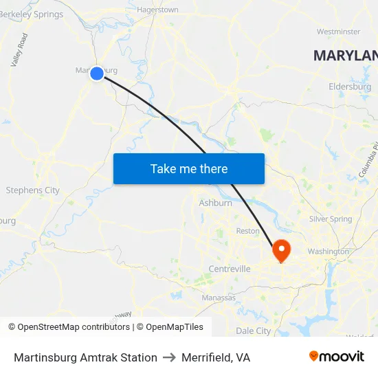 Martinsburg Amtrak Station to Merrifield, VA map