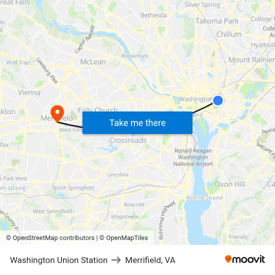 Washington Union Station to Merrifield, VA map