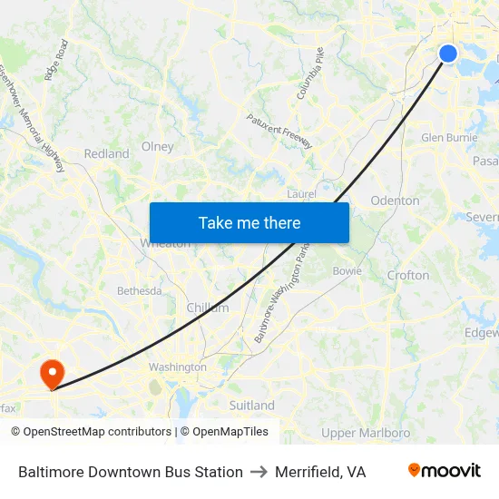 Baltimore Downtown Bus Station to Merrifield, VA map