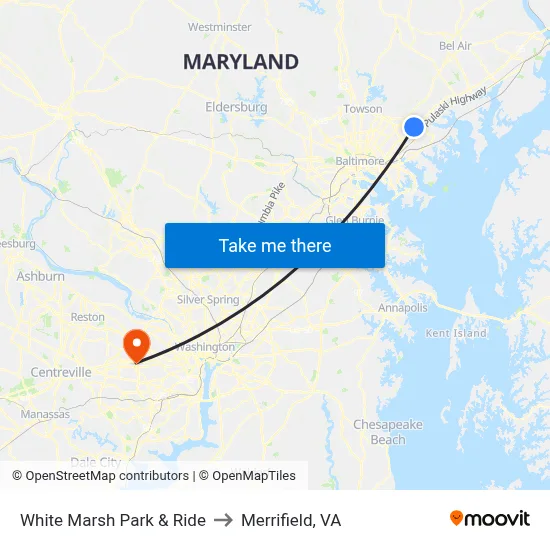 White Marsh Park & Ride to Merrifield, VA map