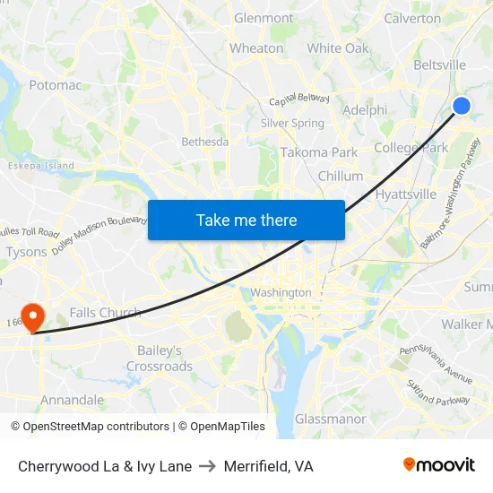 Cherrywood La & Ivy Lane to Merrifield, VA map