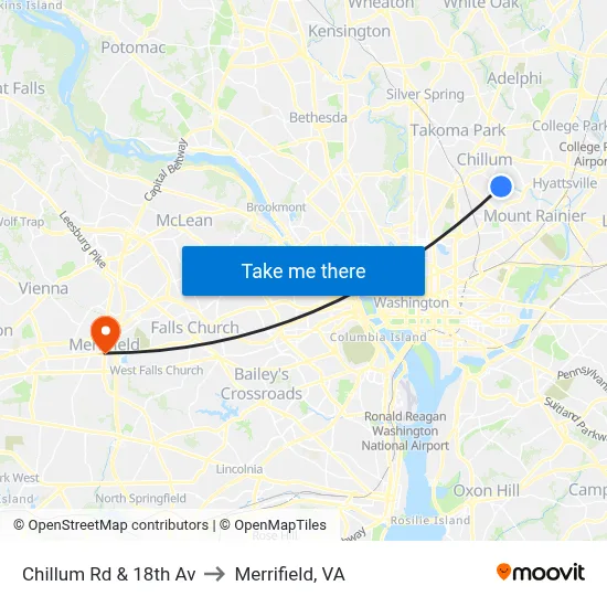 Chillum Rd & 18th Av to Merrifield, VA map