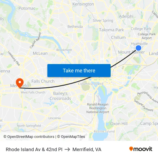 Rhode Island Av & 42nd Pl to Merrifield, VA map