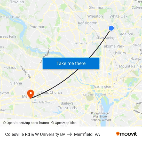 Colesville Rd & W University Bv to Merrifield, VA map