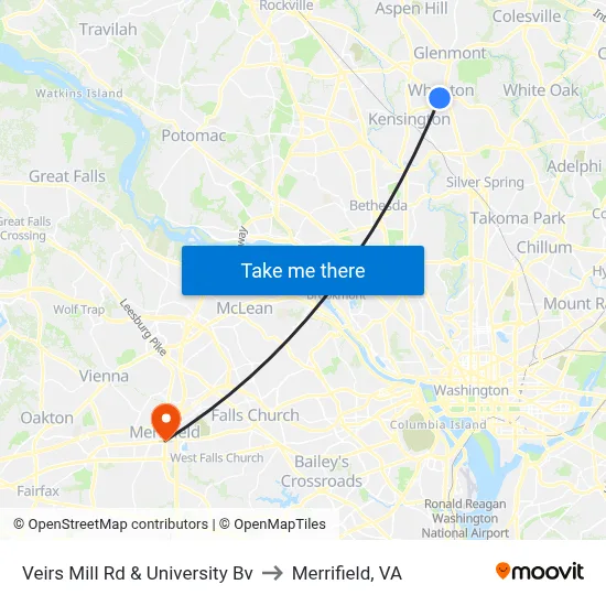 Veirs Mill Rd & University Bv to Merrifield, VA map