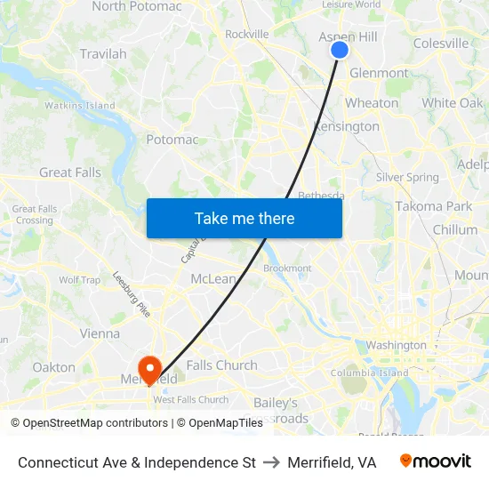 Connecticut Ave & Independence St to Merrifield, VA map