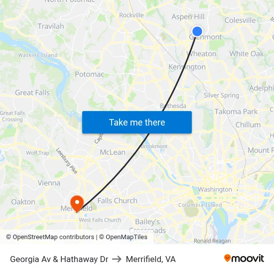 Georgia Av & Hathaway Dr to Merrifield, VA map