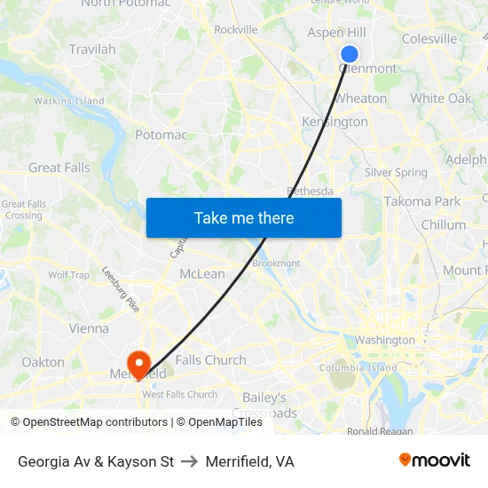 Georgia Av & Kayson St to Merrifield, VA map
