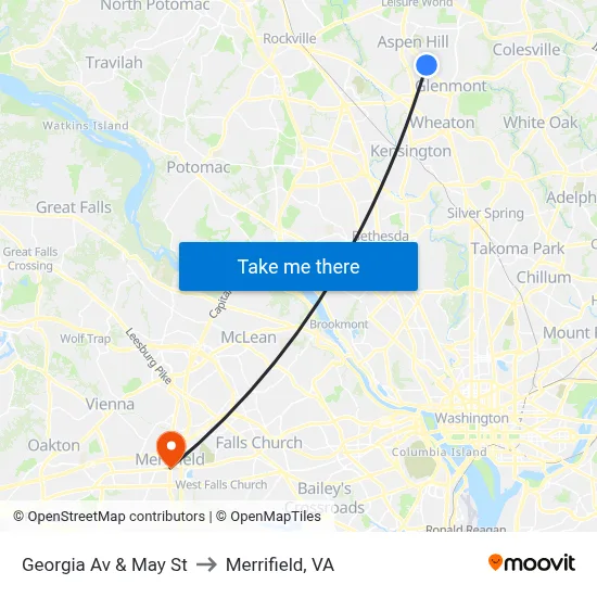 Georgia Av & May St to Merrifield, VA map