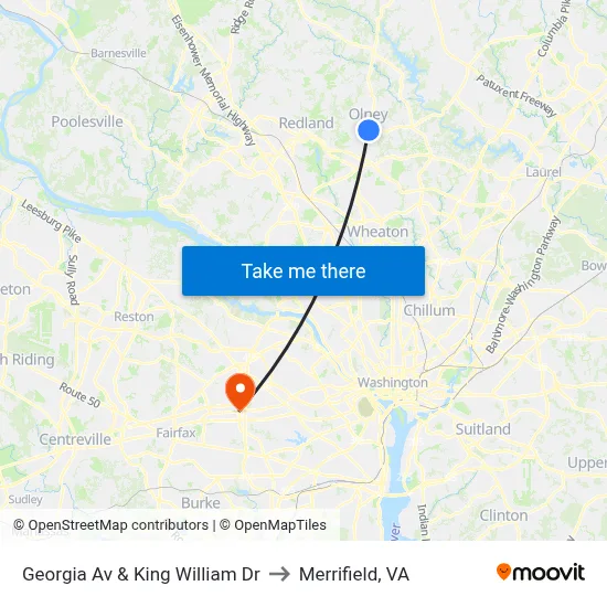 Georgia Av & King William Dr to Merrifield, VA map