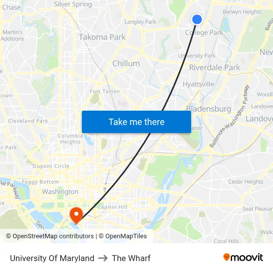 University Of Maryland to The Wharf map