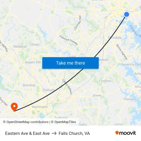 Eastern Ave & East Ave to Falls Church, VA map