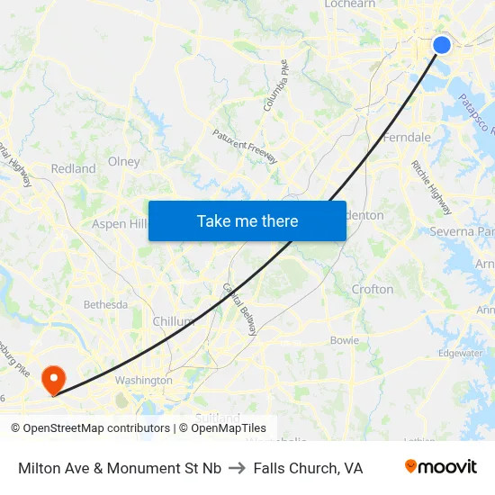 Milton Ave & Monument St Nb to Falls Church, VA map