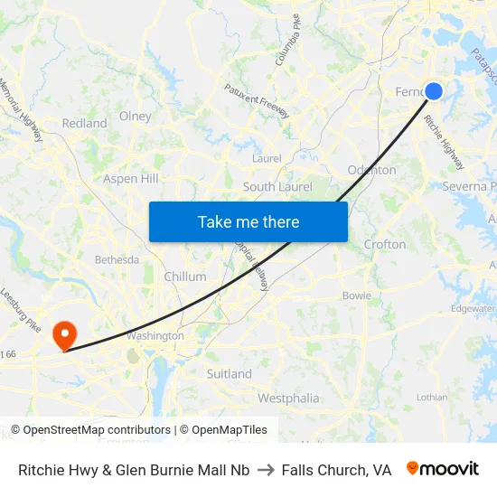 Ritchie Hwy & Glen Burnie Mall Nb to Falls Church, VA map