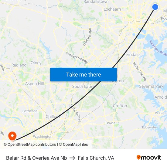 Belair Rd & Overlea Ave Nb to Falls Church, VA map
