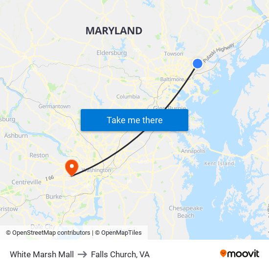 White Marsh Mall to Falls Church, VA map