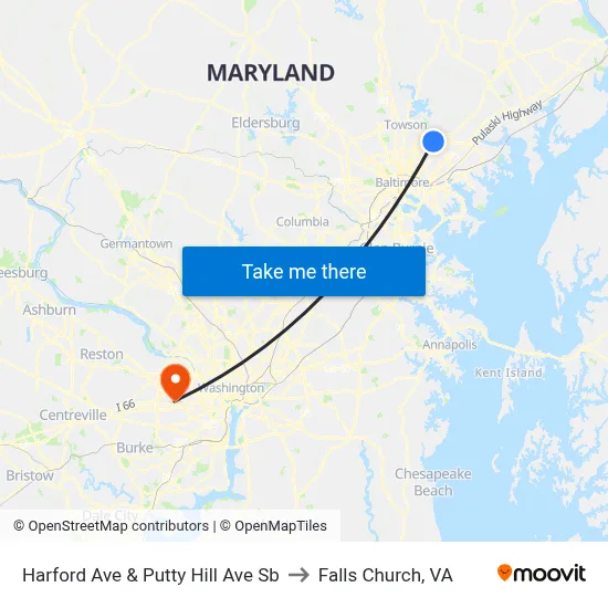 Harford Ave & Putty Hill Ave Sb to Falls Church, VA map