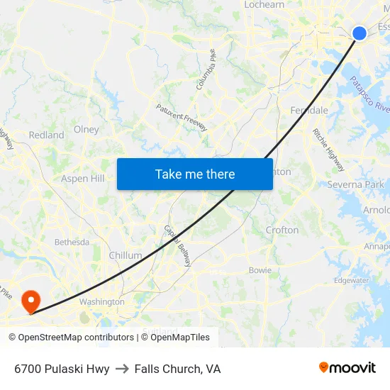 6700 Pulaski Hwy to Falls Church, VA map