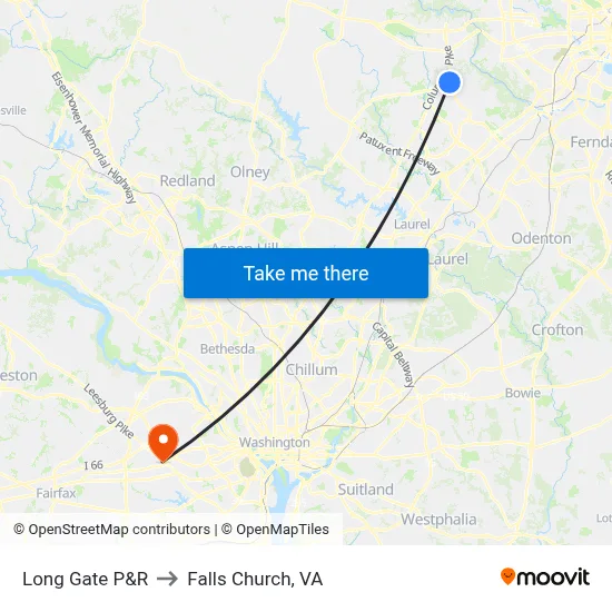 Long Gate P&R to Falls Church, VA map