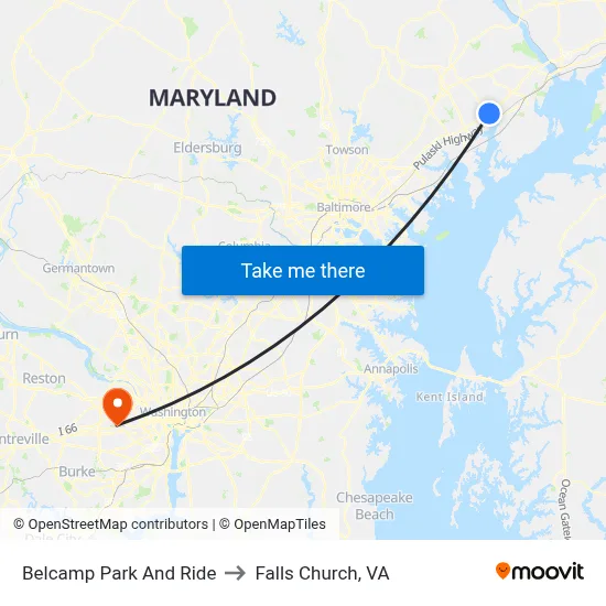 Belcamp Park And Ride to Falls Church, VA map