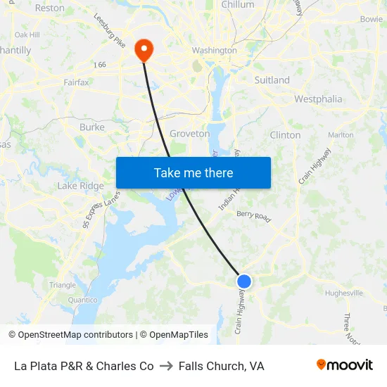 La Plata P&R & Charles Co to Falls Church, VA map