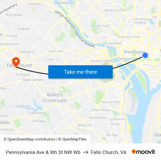 Pennsylvania Ave & 9th St NW Wb to Falls Church, VA map