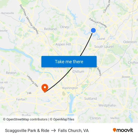 Scaggsville Park & Ride to Falls Church, VA map