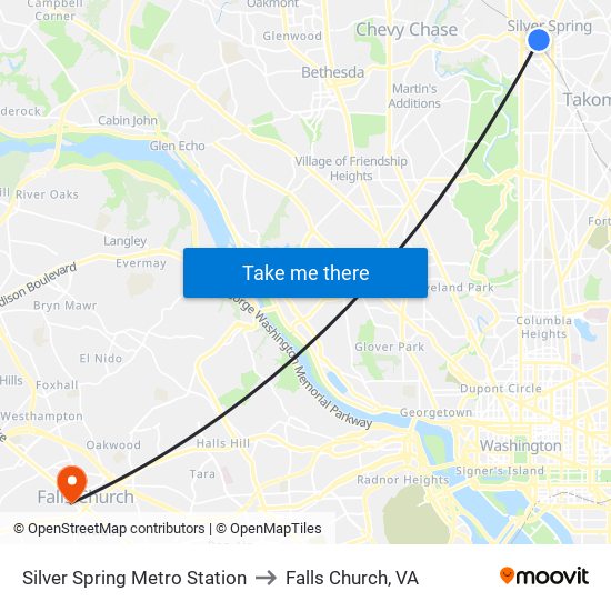 Silver Spring Metro Station to Falls Church, VA map