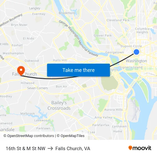 16th St & M St NW to Falls Church, VA map