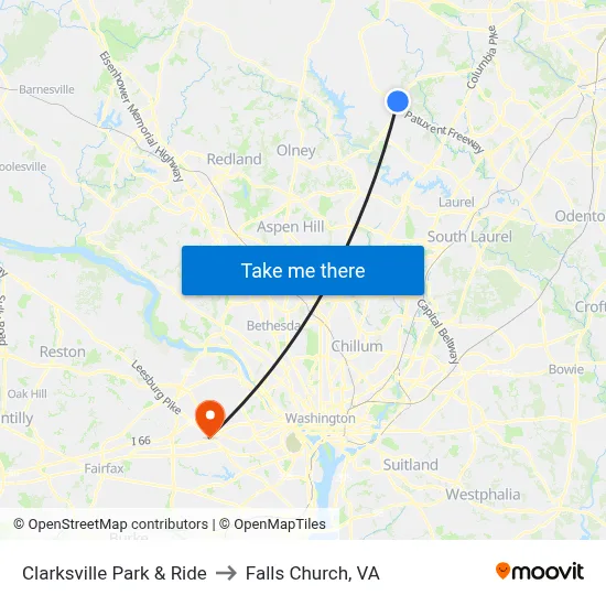 Clarksville Park & Ride to Falls Church, VA map