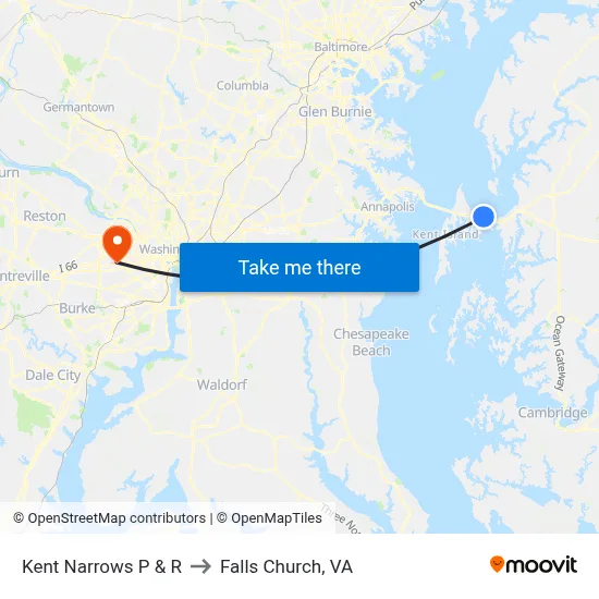 Kent Narrows P & R to Falls Church, VA map