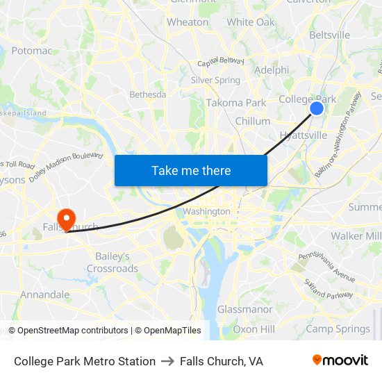 College Park Metro Station to Falls Church, VA map