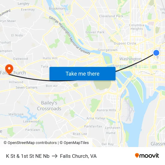 K St & 1st St NE Nb to Falls Church, VA map