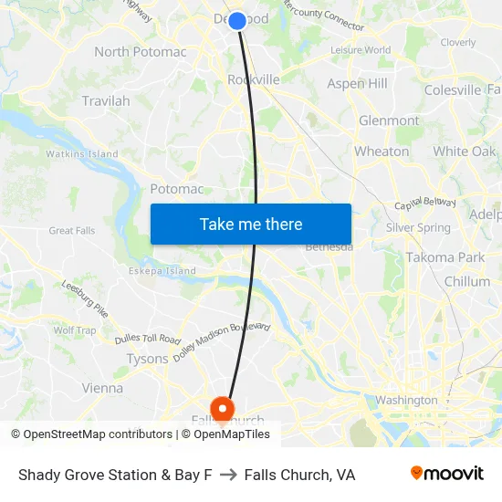Shady Grove Station & Bay F to Falls Church, VA map