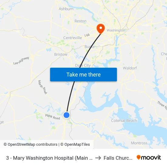 3 - Mary Washington Hospital (Main Entrance) to Falls Church, VA map
