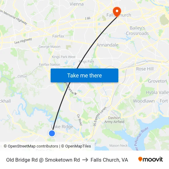 Old Bridge Rd @ Smoketown Rd to Falls Church, VA map