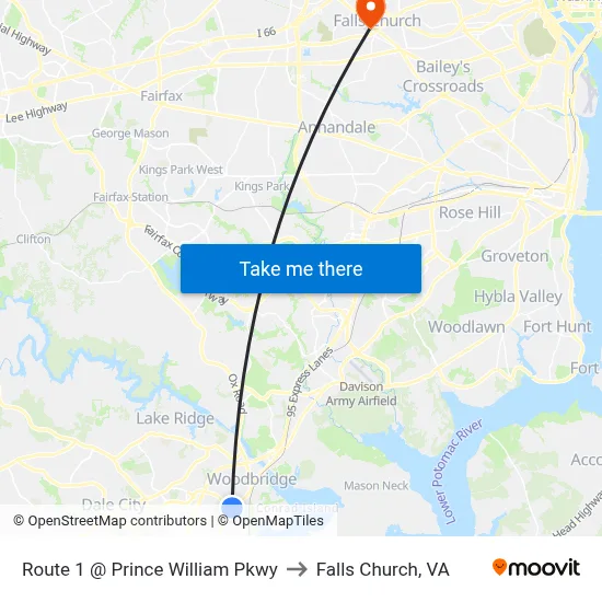Route 1 @ Prince William Pkwy to Falls Church, VA map