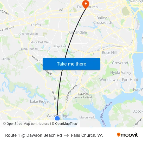 Route 1 @ Dawson Beach Rd to Falls Church, VA map