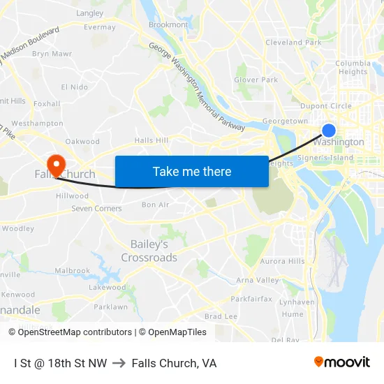 I St @ 18th St NW to Falls Church, VA map