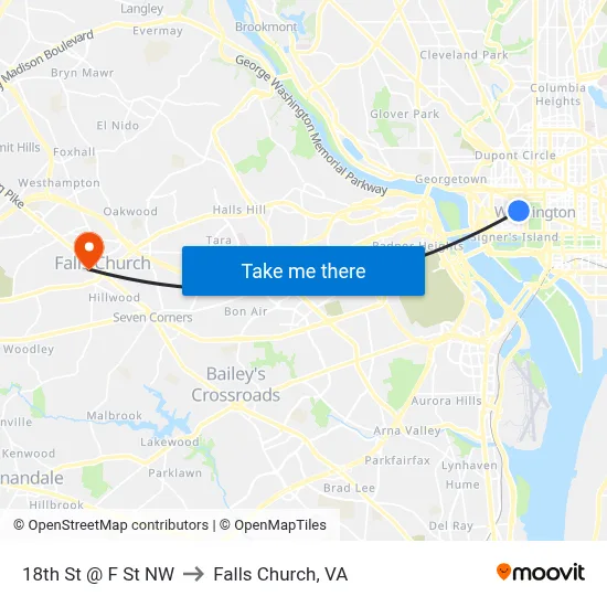 18th St @ F St NW to Falls Church, VA map