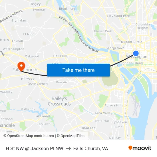 H St NW @  Jackson Pl NW to Falls Church, VA map