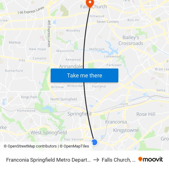 Franconia Springfield Metro Departures to Falls Church, VA map