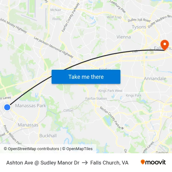 Ashton Ave @ Sudley Manor Dr to Falls Church, VA map