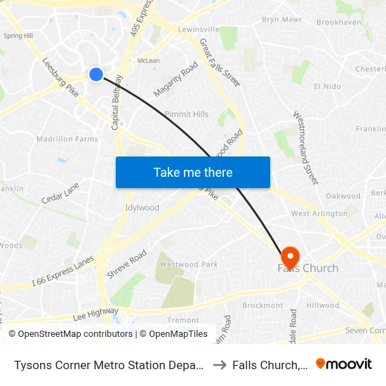 Tysons Corner Metro Station Departures to Falls Church, VA map